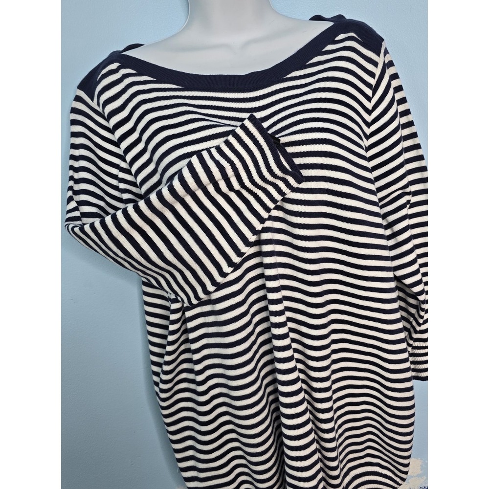 Jeanne Pierre Woman 1X Navy White Stripe Boat Neck Cotton Knit Nautical Top